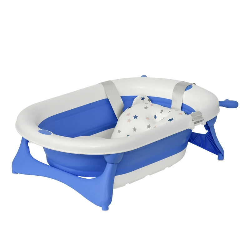 HOMCOM Non-Slip Foldable Baby Bathtub Set, Collapsible Bath Tub w/ Cushion Pad, Drain Plugs - Blue