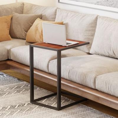 C-Shape Side Table Sofa Snack Wooden Coffee Table W Steel Frame Wide Base Walnut