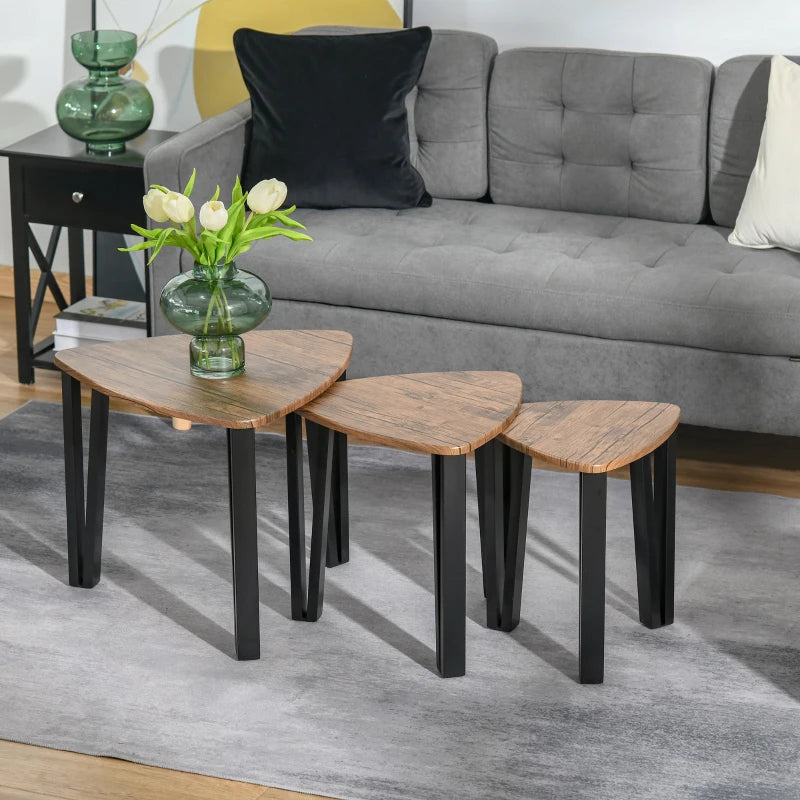 HOMCOM Set of 3 Coffee Table, Nesting Tables with Metal Legs, Walnut, Wood Grain