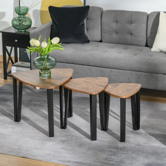 HOMCOM Set of 3 Coffee Table, Nesting Tables with Metal Legs, Walnut, Wood Grain