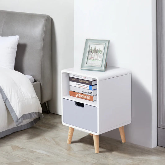 HOMCOM Wooden Bedside Table Nightstand With Drawer Wood Lamp Desk Storage, Nordic Style