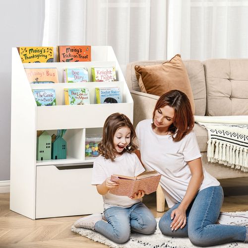 HOMCOM Kid's Bookcase, Toy Organiser w/ Wheels Storage Box, for Bedroom - White