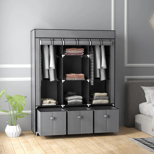 HOMCOM Fabric Wardrobe with 5 Shelves, 2 Rails & 3 Drawers, 125x43x162.5cm, Grey