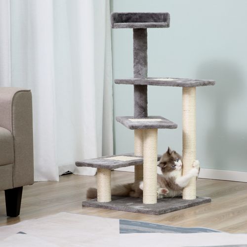 Cat Tree Activity Center Kitten 4 - Step Climbing Tower Scratching Plush Pawhut