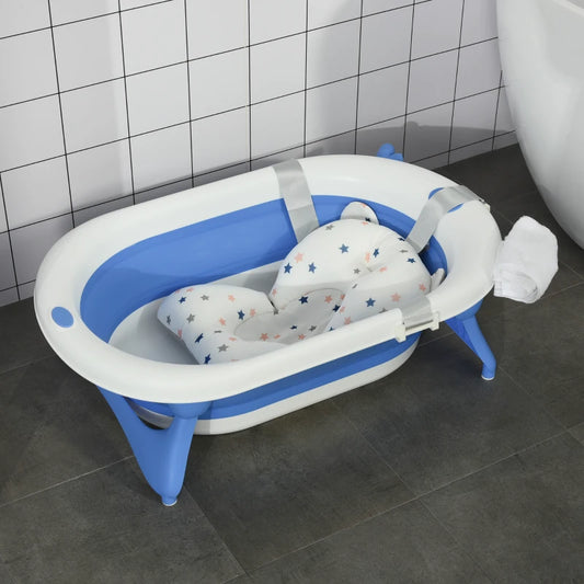 HOMCOM Non-Slip Foldable Baby Bathtub Set, Collapsible Bath Tub w/ Cushion Pad, Drain Plugs - Blue