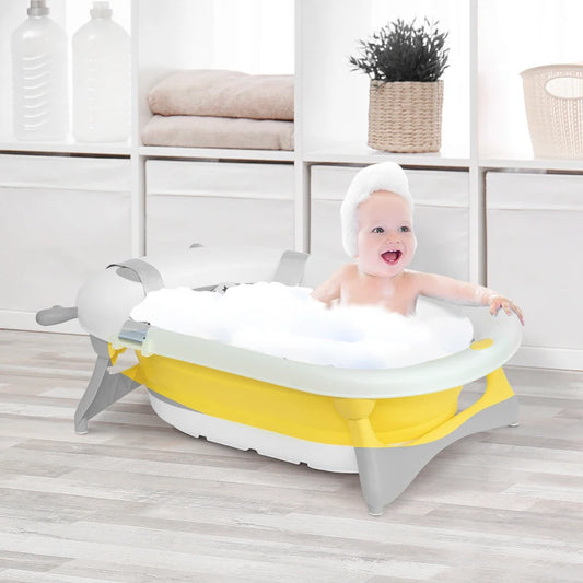 HOMCOM Non-Slip Foldable Baby Bathtub Set, Collapsible Bath Tub w/ Cushion Pad, Drain Plugs - Yellow