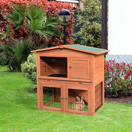 PawHut 2-Tier Rabbit Guinea Pig Hutch with No-Leak Tray 100.5 x 55 x 101 cm, Brown