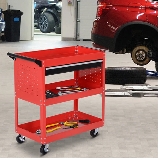 DURHAND 3-Tier Tool Trolley Cart, Storage Roller Cabinet Garage Workshop Drawer, Red