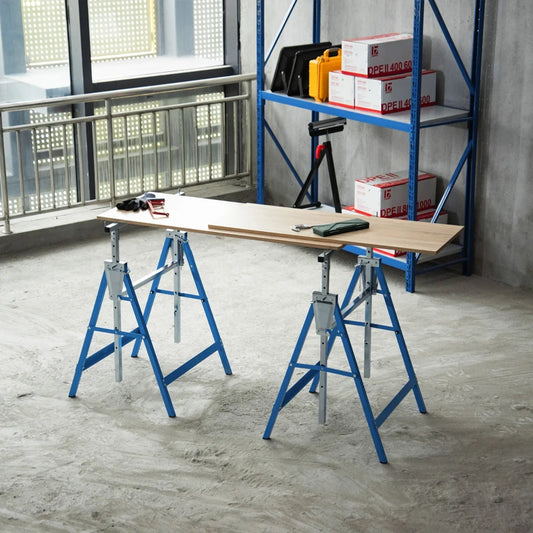 HOMCOM Set of 2 Telescopic Builders Trestle DIY Steel Folding Work Bench, Blue