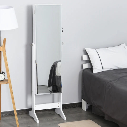 HOMCOM Jewelry Cabinet Standing Mirror Full Length Makeup Lockable Storage, White