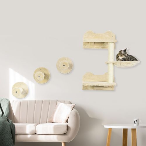 Pawhut Wall-Mounted Cat Tree, Cat Shelf with Scratching Post for Indoor - Beige