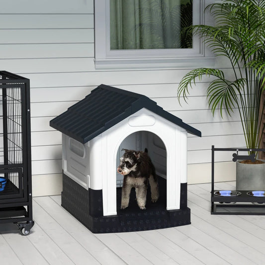 PawHut Plastic Dog Kennel with Windows for Medium and Large Dogs, 101x88x99cm, Grey