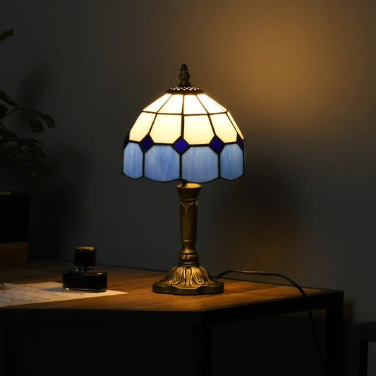 HOMCOM Handmade Stained Glass Table Lamp, Antique Bedside Decorative Night Light, Blue