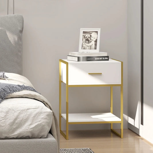 HOMCOM Modern Bedside Table, Nightstand with Drawer Shelf, Side Table, White and Gold