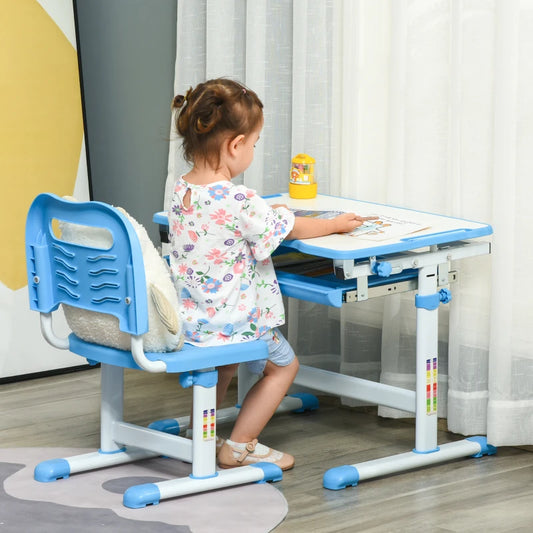 HOMCOM Kids Desk and Chair Set, Adjustable Study Table with Desktop, Drawer, Blue