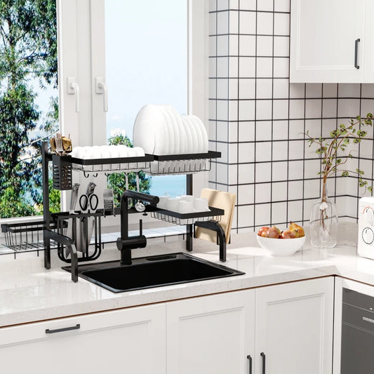 HOMCOM Space Saving 2-Tier Adjustable Dish Drainer Over The Sink Dish Rack, Black