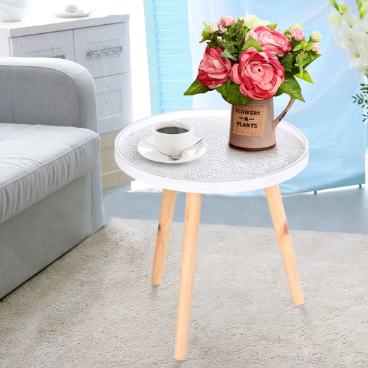 HOMCOM Carved Floral Round Coffee Table with Tray-style Top & Wood Legs, White