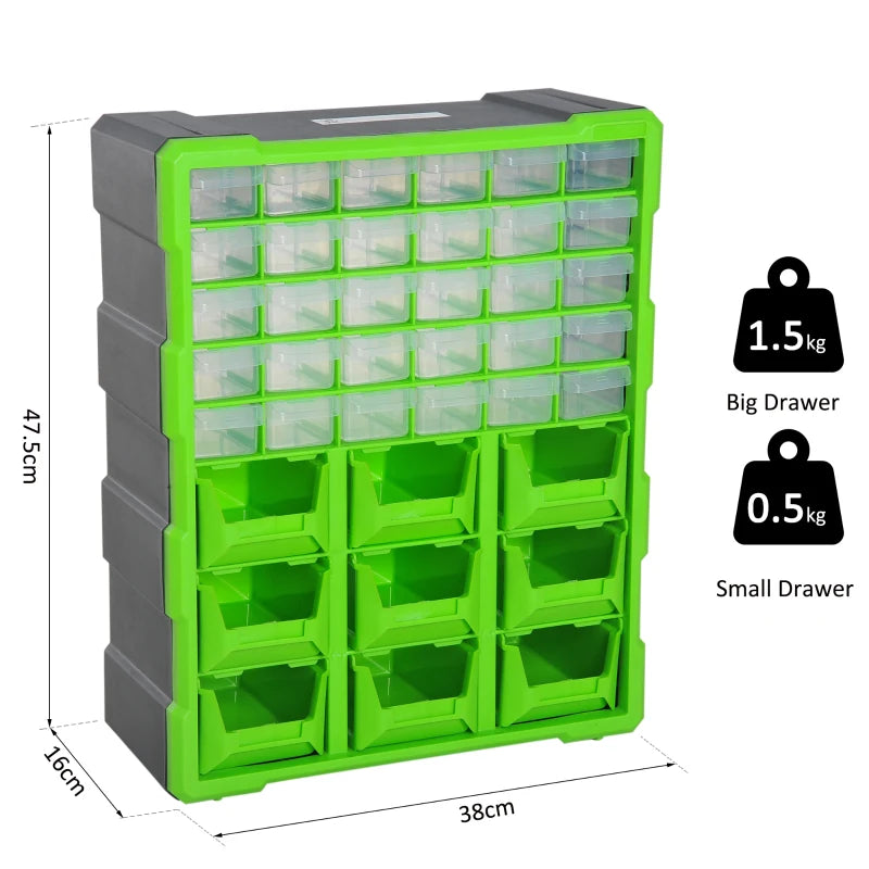 DURHAND Plastic 39 Drawer Part Wall Mount Tool Storage Cabinet Garage Nuts Bolts, Green