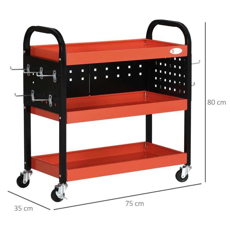 DURHAND 3-Tier Shelf Tool Cart Storage Wheel for Garage with 10 Hooks, 100 kg, Red