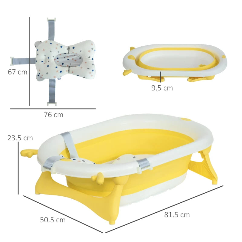 HOMCOM Non-Slip Foldable Baby Bathtub Set, Collapsible Bath Tub w/ Cushion Pad, Drain Plugs - Yellow