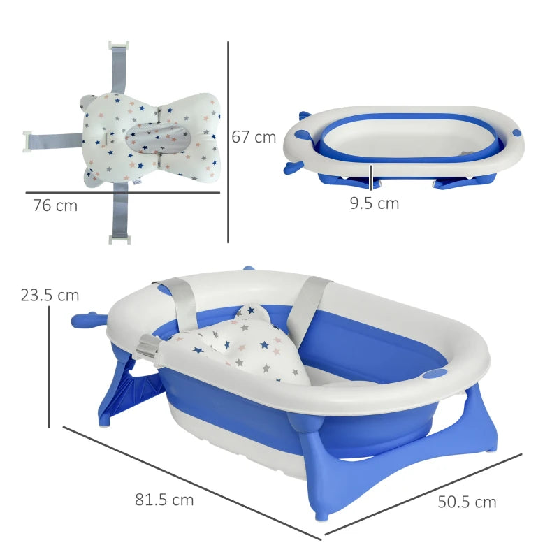 HOMCOM Non-Slip Foldable Baby Bathtub Set, Collapsible Bath Tub w/ Cushion Pad, Drain Plugs - Blue