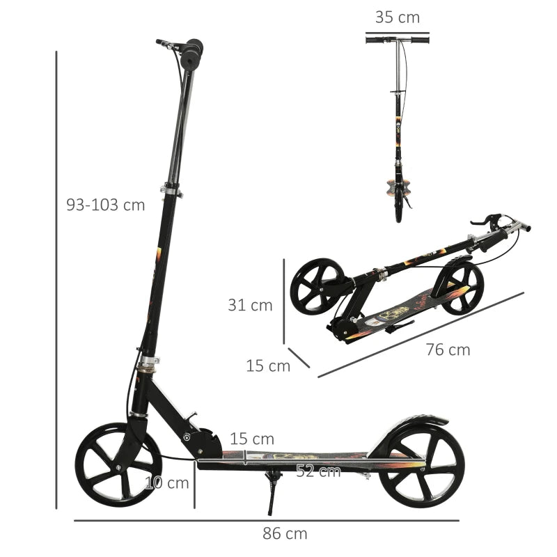 HOMCOM Kids Foldable Kick Scooter with Break, Big Wheels for 7-14 Years, Black