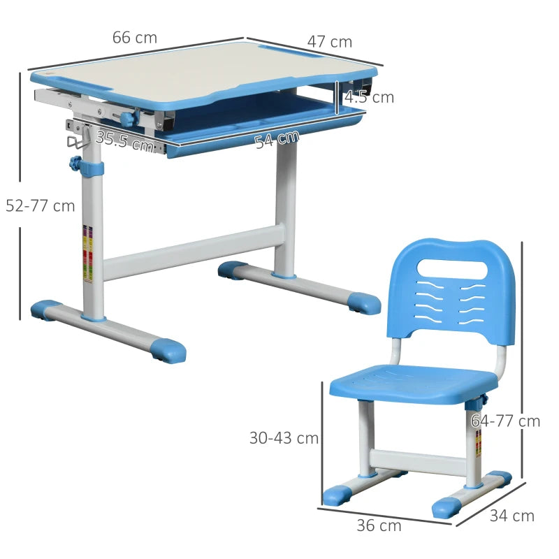 HOMCOM Kids Desk and Chair Set, Adjustable Study Table with Desktop, Drawer, Blue