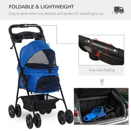 Pawhut Pet Stroller Foldable Travel Carriage with Basket Adjustable Canopy, Blue