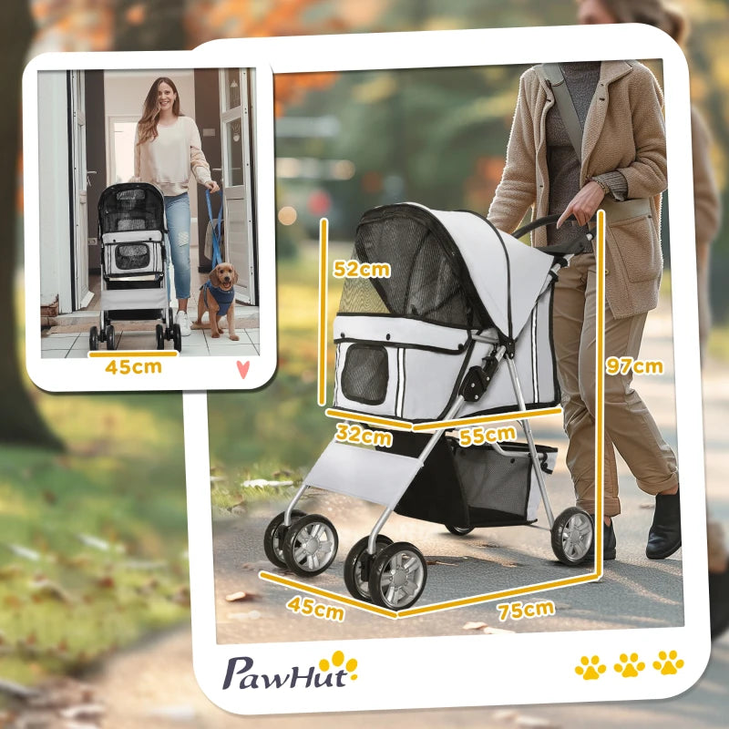 PawHut Pet Foldable Stroller Carriage with Wheels, Zipper Entry, Cup Holder, Storage, Grey