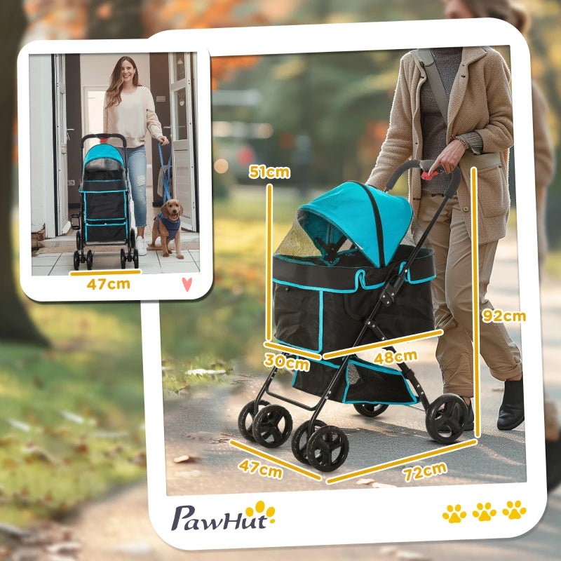 PawHut Pram Dog Stroller Pushchair Foldable with Brake, Cupholder, Safety Leash, Blue