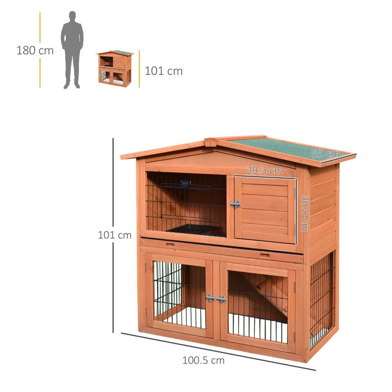 PawHut 2-Tier Rabbit Guinea Pig Hutch with No-Leak Tray 100.5 x 55 x 101 cm, Brown