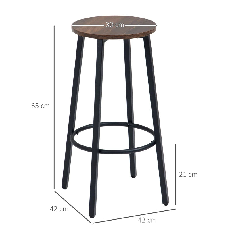 HOMCOM Set of 2 Bar Stools with Sturdy Steel Frame, 65cm High Seat, Rustic Brown
