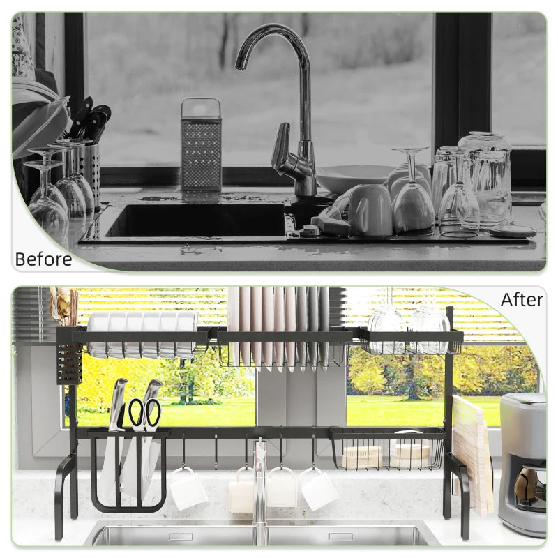 HOMCOM Space Saving 2-Tier Adjustable Dish Drainer Over The Sink Dish Rack, Black