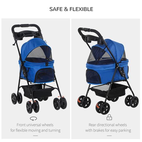 Pawhut Pet Stroller Foldable Travel Carriage with Basket Adjustable Canopy, Blue