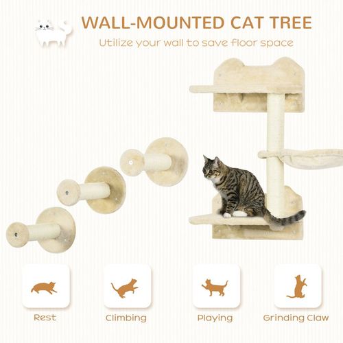 Pawhut Wall-Mounted Cat Tree, Cat Shelf with Scratching Post for Indoor - Beige