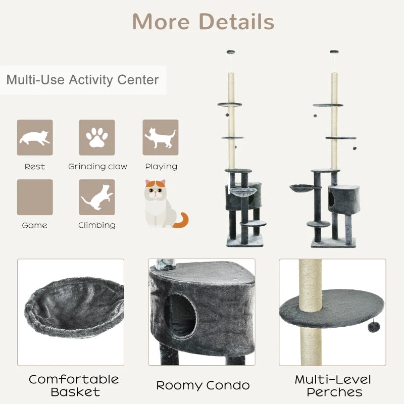 PawHut Floor to Ceiling Cat Tree Tower Activity Center Scratching Post, Dark Grey