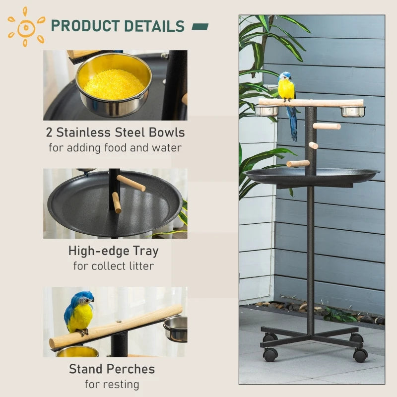 PawHut Metal Bird Table Play Stand, Parrot Perch with Four Wheels Feeding Bowls