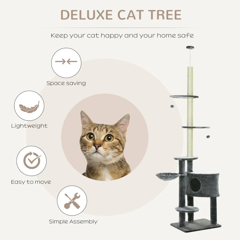 PawHut Floor to Ceiling Cat Tree Tower Activity Center Scratching Post, Dark Grey