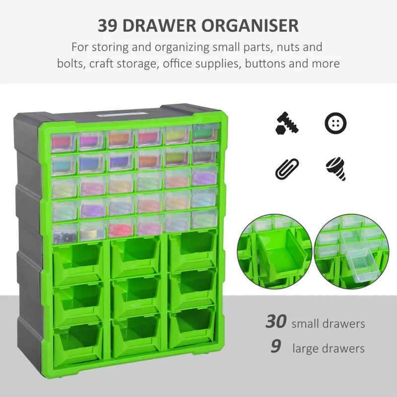 DURHAND Plastic 39 Drawer Part Wall Mount Tool Storage Cabinet Garage Nuts Bolts, Green