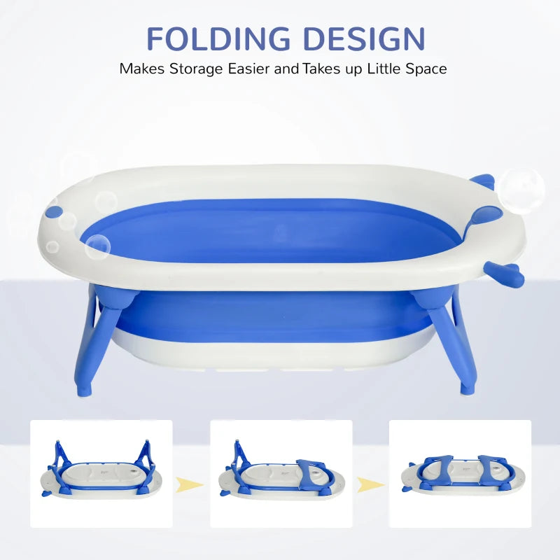 HOMCOM Non-Slip Foldable Baby Bathtub Set, Collapsible Bath Tub w/ Cushion Pad, Drain Plugs - Blue