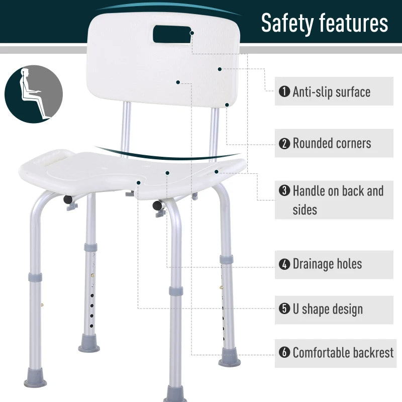 HOMCOM Aluminium Multipurpose Height Adjustable Shower Chair with Non-Slip Feet