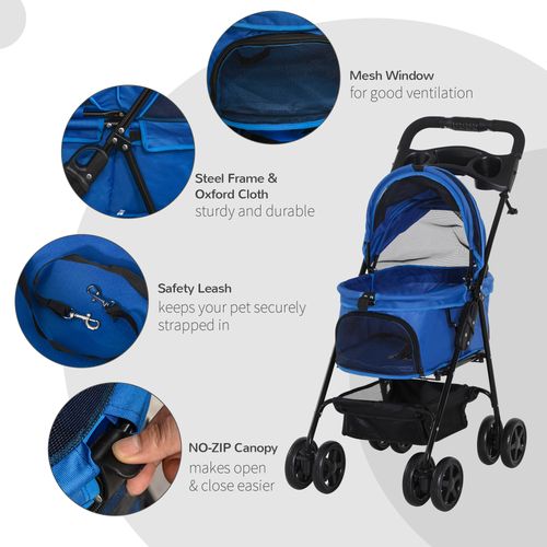 Pawhut Pet Stroller Foldable Travel Carriage with Basket Adjustable Canopy, Blue