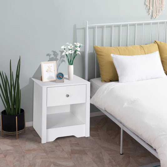 HOMCOM Modern Bedside Table, Nightstand with Drawer Shelf for Living room. White