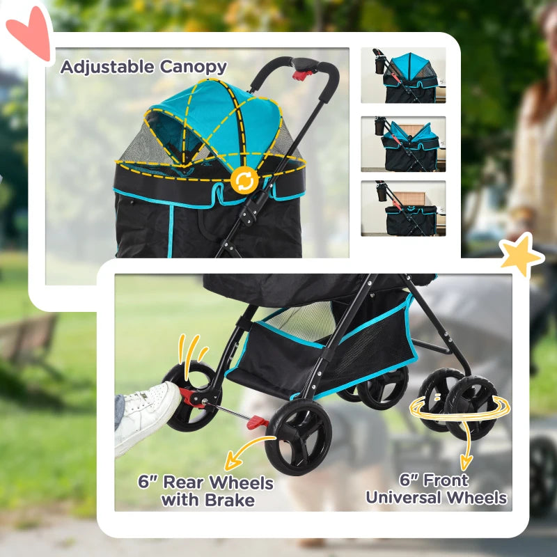 PawHut Pram Dog Stroller Pushchair Foldable with Brake, Cupholder, Safety Leash, Blue