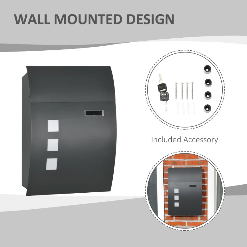 HOMCOM Modern Wall Mounted Letter Box with 2 Keys and Nameplate, Anthracite Grey