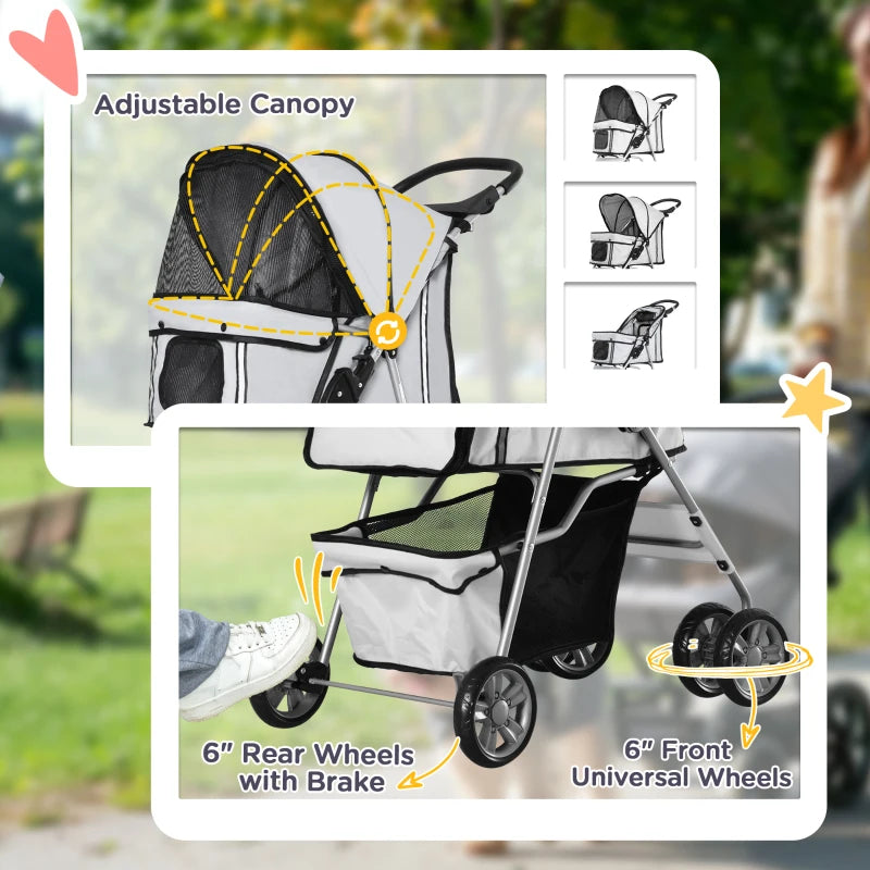 PawHut Pet Foldable Stroller Carriage with Wheels, Zipper Entry, Cup Holder, Storage, Grey