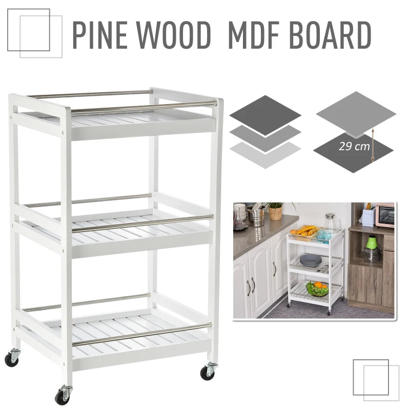 HOMCOM 3-Tier Home Kitchen Storage Cart with Steel Bars & Rolling Wheels, White