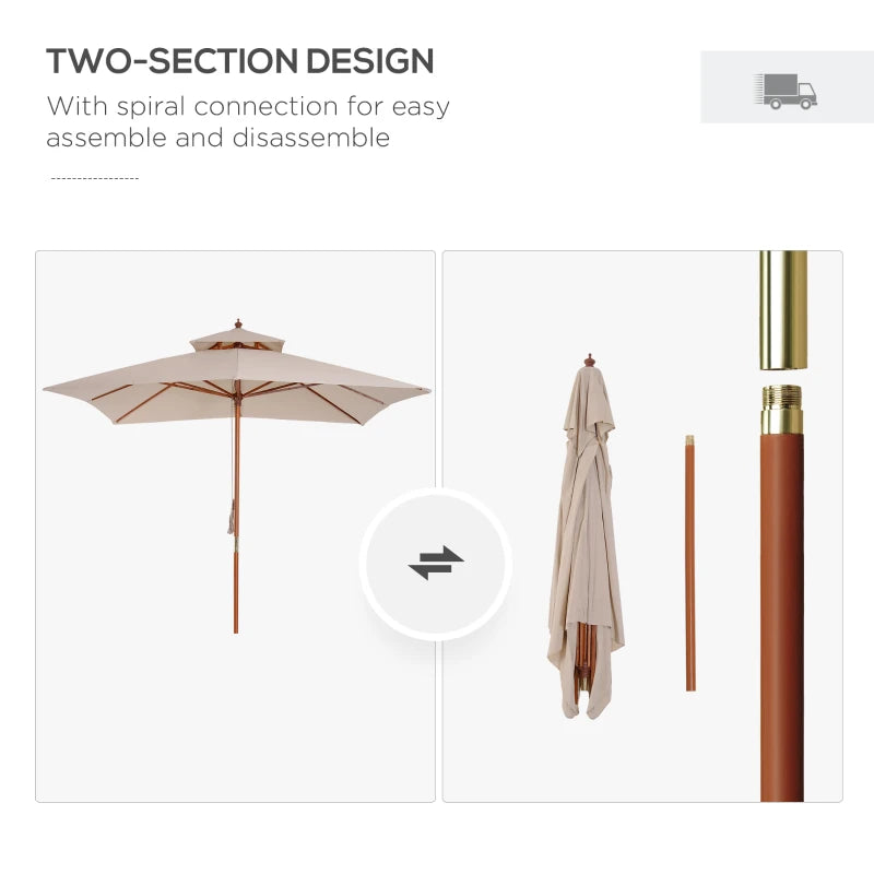 Outsunny 3m x 3m Wooden Parasol Patio Garden Umbrella Sunshade Canopy 2-Tier, Beige