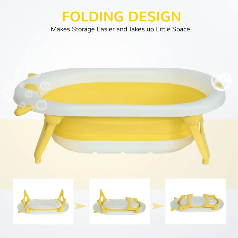 HOMCOM Non-Slip Foldable Baby Bathtub Set, Collapsible Bath Tub w/ Cushion Pad, Drain Plugs - Yellow