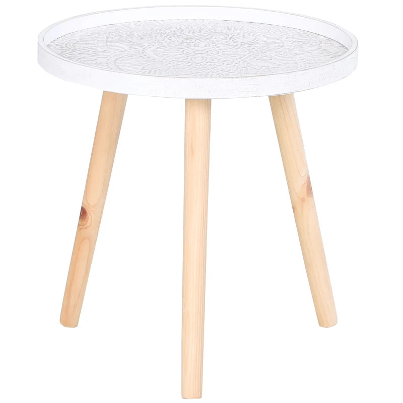 HOMCOM Carved Floral Round Coffee Table with Tray-style Top & Wood Legs, White